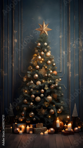 Vertical Christmas Background, nostalgic holiday backdrop with vintage ornaments and warm lights