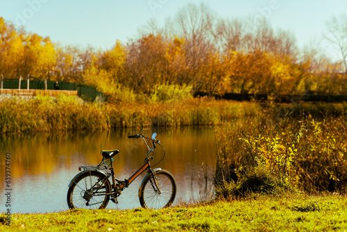 A bicycle without a person stands on the shore of a forest lake in autumn