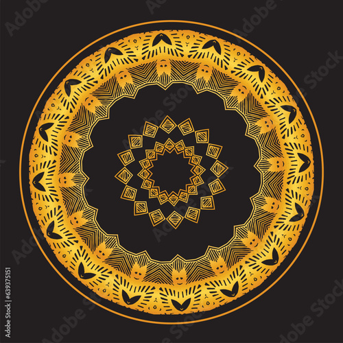 Luxury ornamental mandala design background in gold, Luxury wedding invitation, Ornamental floral corner frame, black background with gold mandala decoration