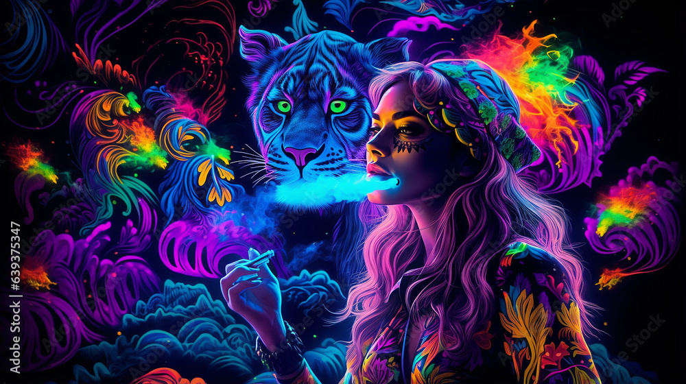 Uv fluorescente reativa feminina felina fumando arte tapeçaria luz preta hippie rock Uv fluorescente reativa feminina felina fumando arte tapeçaria luz preta hippie rock