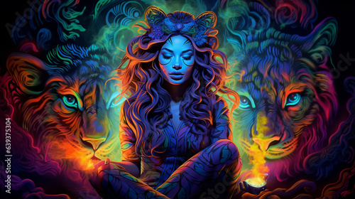 Uv fluorescente reativa feminina felina fumando arte tape  aria luz preta hippie rock 