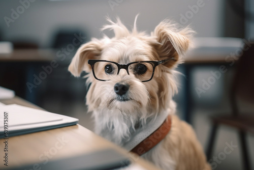 Small dog with reading glasses and book.  © Firn