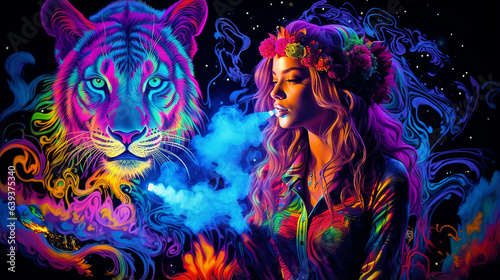 Uv fluorescente reativa feminina felina fumando arte tapeçaria luz preta hippie rock 