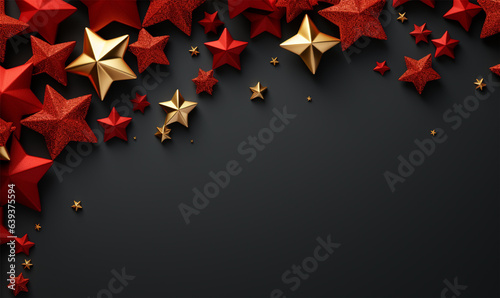 Christmas decorations with space, Red and golden stars on black background. Flat lay, top view, copy space