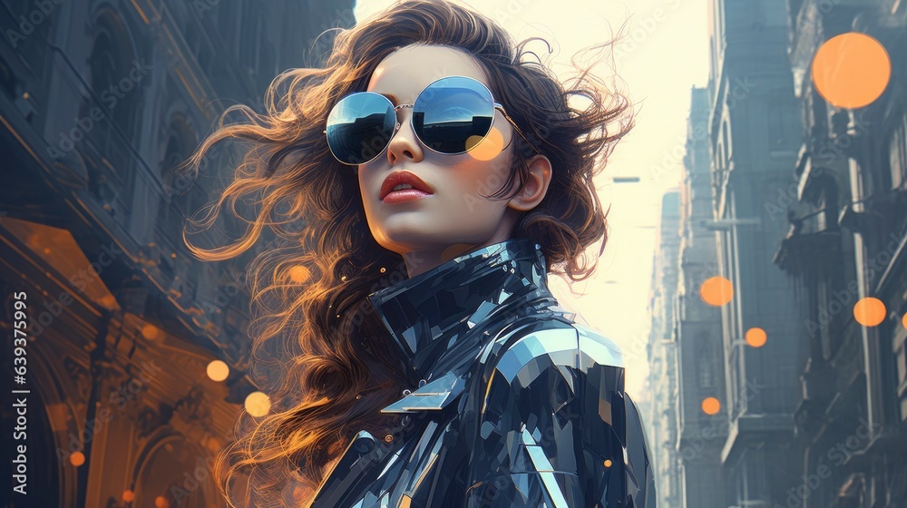 A cyberpunk girl with glasses in a city A cyberpunk girl with glasses in a city
