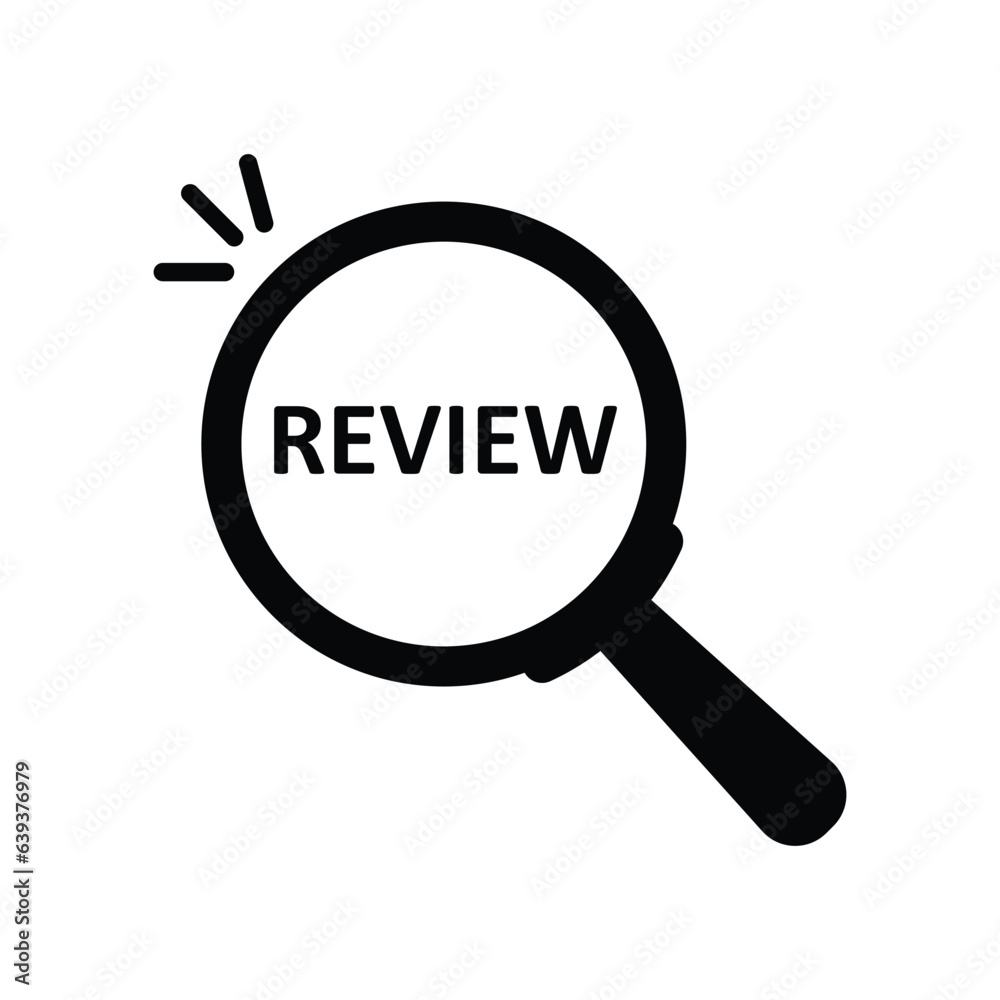 Magnifying glass with word Review on white background. Assess icon, review word, appraisal Magnifying glass with word Review on white background. Assess icon, review word, appraisal