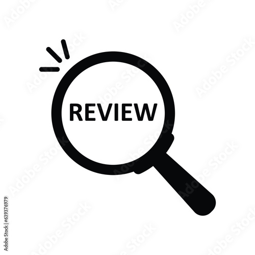 Magnifying glass with word Review on white background. Assess icon, review word, appraisal