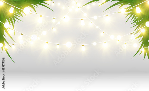 Christmas bright, beautiful lights, design elements. Glowing lights for design of Xmas greeting cards. Garlands, light Christmas decorations. 