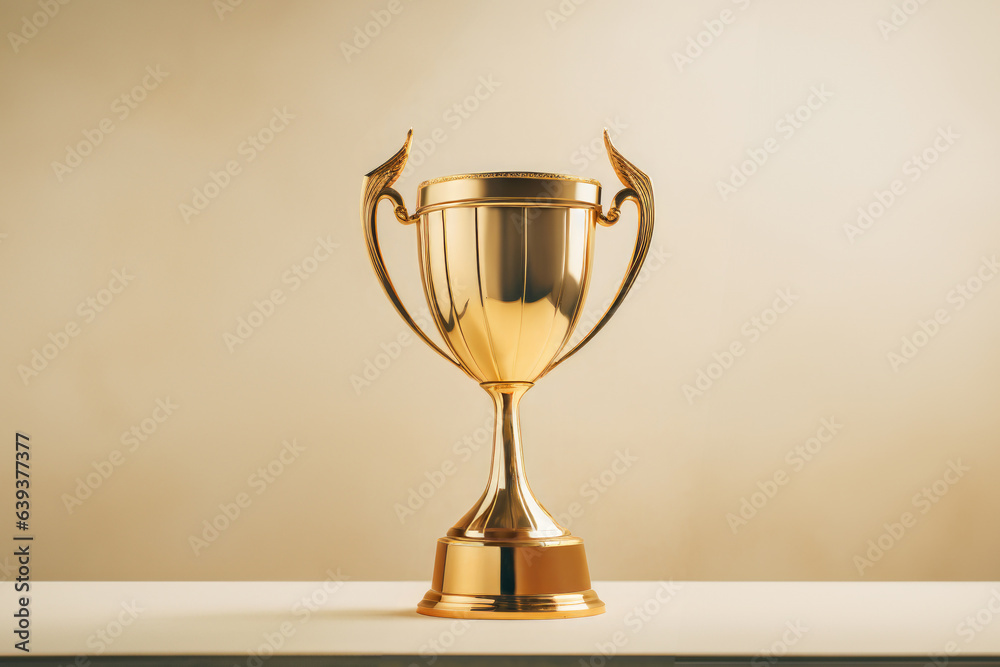 Gold trophy standing against a solid background. Award for winning best place in a competition. Shiny, metallic cup