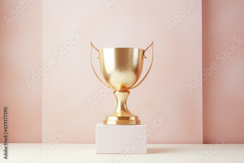Gold trophy standing against a solid background. Award for winning best place in a competition. Shiny, metallic cup