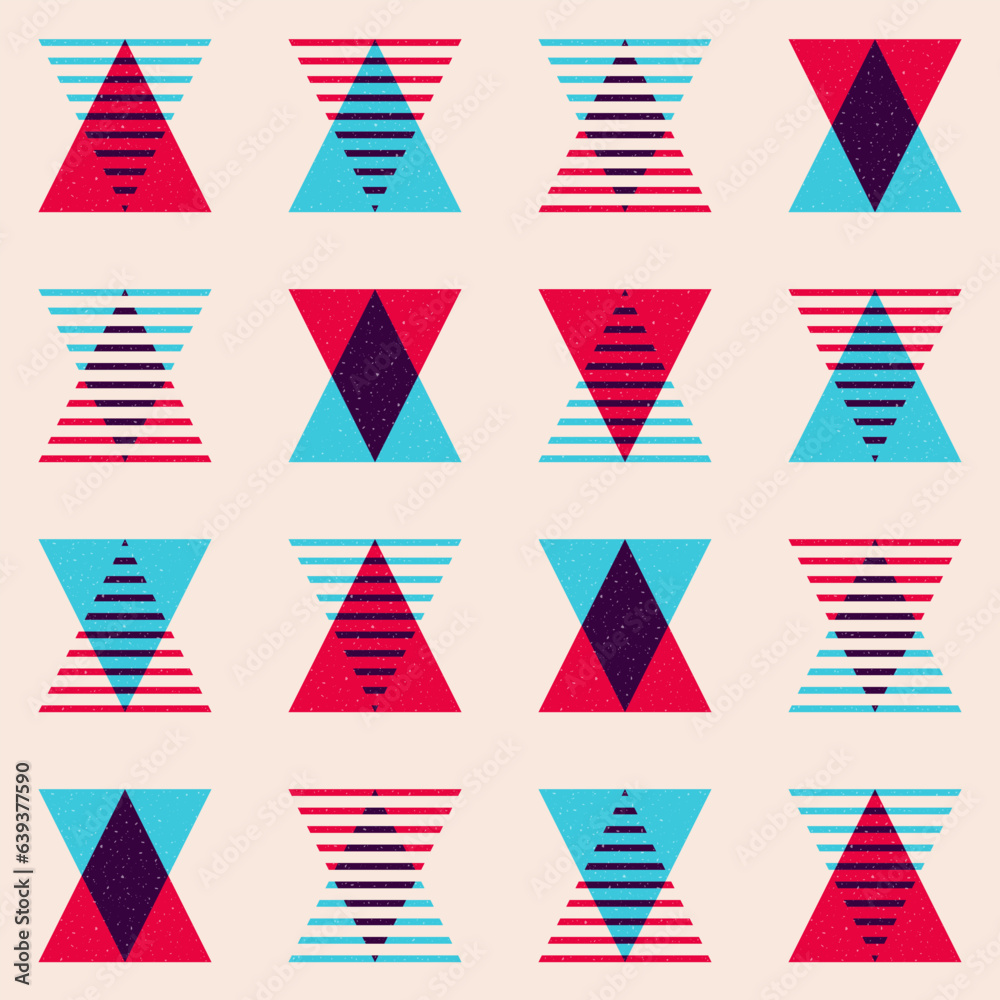 Risograph style seamless pattern with triangle shapes and overlapping colors. Risograph style seamless pattern with triangle shapes and overlapping colors.