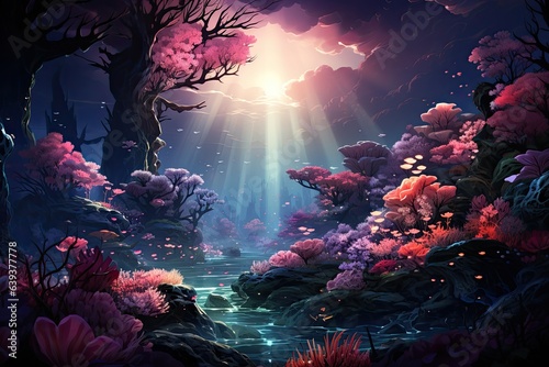 Explore the intricate details of a fantastical undersea realm, brought to life by AI brushstrokes that capture the vivid marine life and ethereal coral formations.