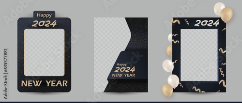 2024 happy new year greeting abstract background template frame border poster card post in black dark blue color with gold luxury glitter confetti. vector design banner layout illustration