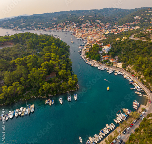 Aerial drone view of Gaios, capital city of Paxos Island near Corfu, aerial view. Important tourist attraction in the Ionian islands, Greece.