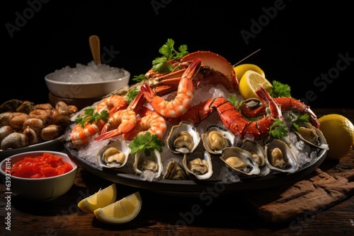 A delectable seafood platter featuring a selection of oysters, clams, shrimp, and lemon wedges.