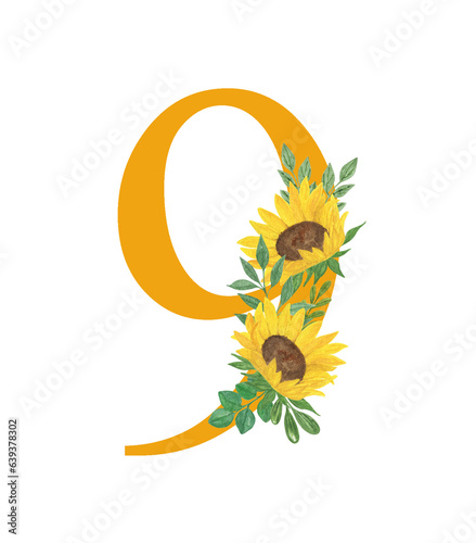 Number nine decorated with sunflowers and leaves, floral monogram watercolor illustration in simple hand painted style, summer flowers decorative lettering collection