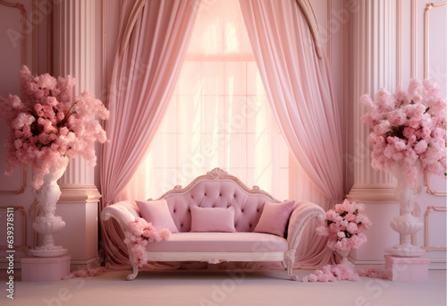 A luxurious and well-appointed room with floral accents for potential use as a digital backdrop by photographers. Pink settee or couch. Ideal for composites.