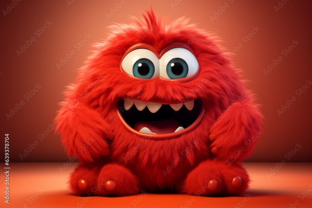 Cute red furry monster 3D cartoon character