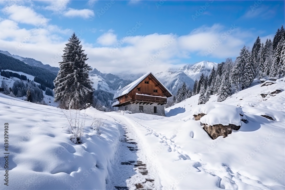  Wooden cottage house under the snow, winter mountain landscape. 