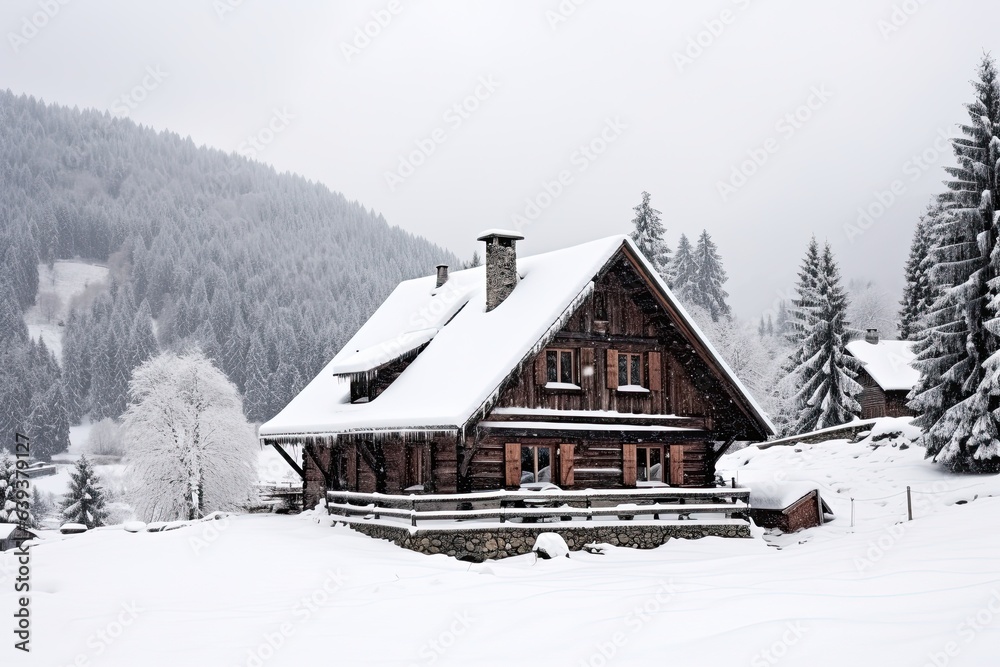  Wooden cottage house under the snow, winter mountain landscape. 