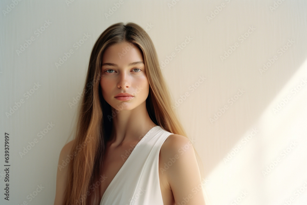 woman/model in a minimal daylight clean/natural beauty commercial portrait long hair and a thoughtful expression in a fashion/beauty editorial magazine style film photography look - generative ai art woman/model in a minimal daylight clean/natural beauty commercial portrait long hair and a thoughtful expression in a fashion/beauty editorial magazine style film photography look - generative ai art