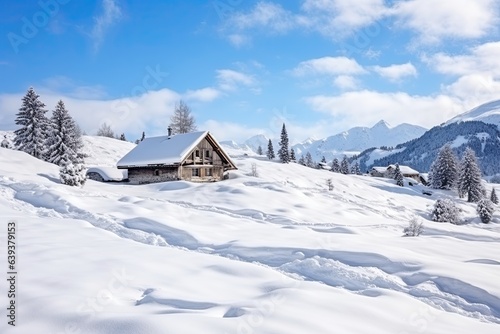  Wooden cottage house under the snow, winter mountain landscape. 