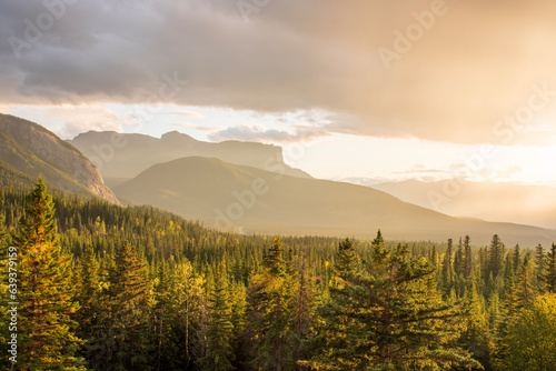 Sunset over the forest in the rocky mountains  at Jasper National Park. photo