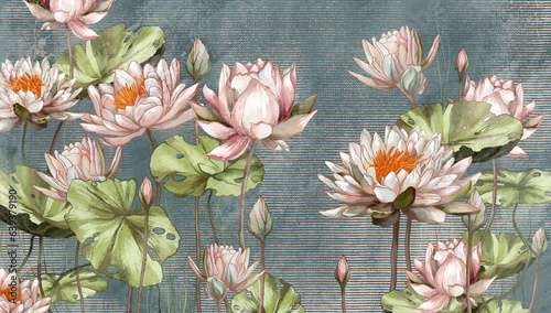 Bright art painted water lilies on a blue texture background, art drawing, photo wallpaper © Viktorious_Art