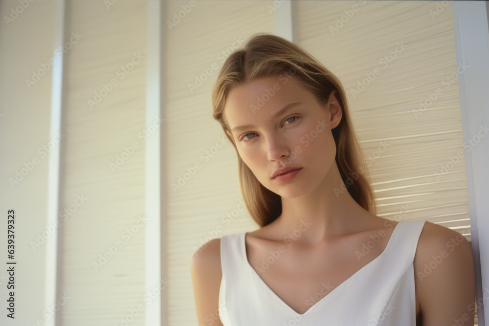 woman/model in a minimal daylight clean/natural beauty commercial portrait long hair and a thoughtful expression in a fashion/beauty editorial magazine style film photography look - generative ai art woman/model in a minimal daylight clean/natural beauty commercial portrait long hair and a thoughtful expression in a fashion/beauty editorial magazine style film photography look - generative ai art
