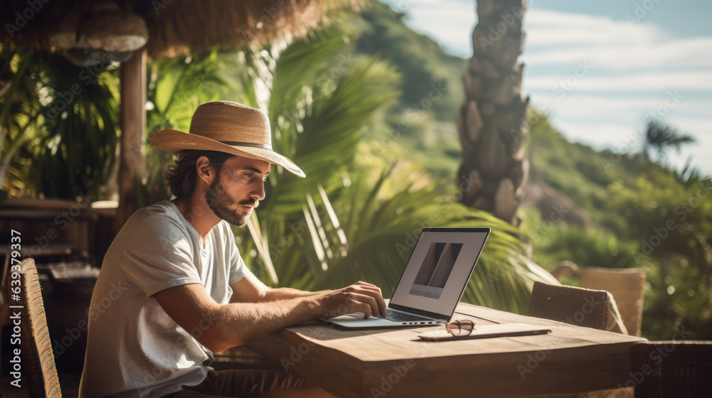 Male digital nomad working on the laptop in the nature