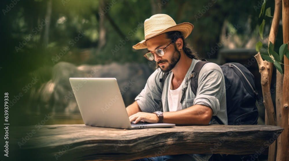Male digital nomad working on the laptop in the nature