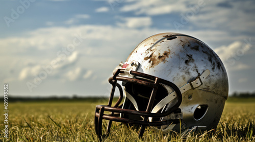 Still American football helmet on the grass