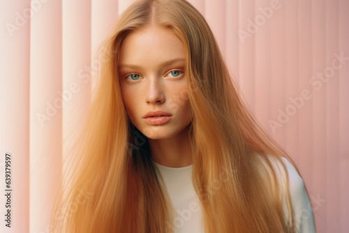 woman/model in a minimal daylight clean/natural beauty commercial portrait long hair and a thoughtful expression in a fashion/beauty editorial magazine style film photography look - generative ai art