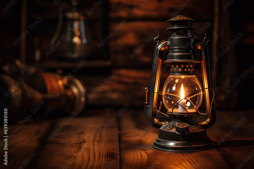 An antique lantern with the light on