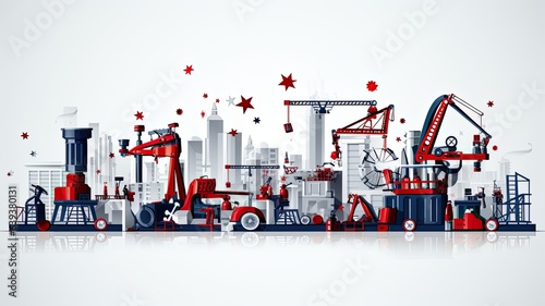 Illustration of an industrial building with industrial cranes in red white blue color template background for Labor day