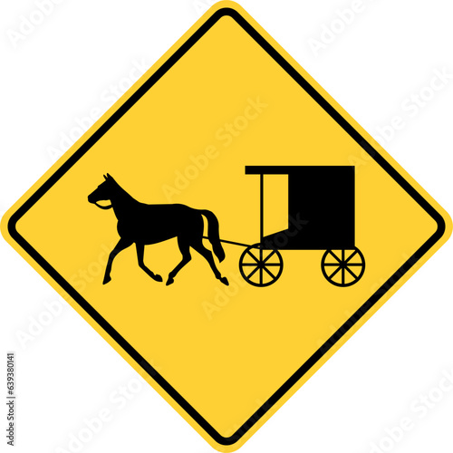 Vector graphic of a usa Horse Drawn Vehicle Crossing Ahead  highway sign. It consists of the silhouette of a horse and buggy within a black and yellow square tilted to 45 degrees