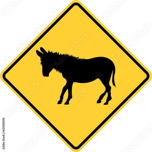 Vector graphic of a usa Donkey Crossing Ahead  highway sign. It consists of the silhouette of a wild donkey within a black and yellow square tilted to 45 degrees
