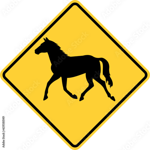 Vector graphic of a usa Wild Horse Crossing Ahead  highway sign. It consists of the silhouette of a wild horse within a black and yellow square tilted to 45 degrees