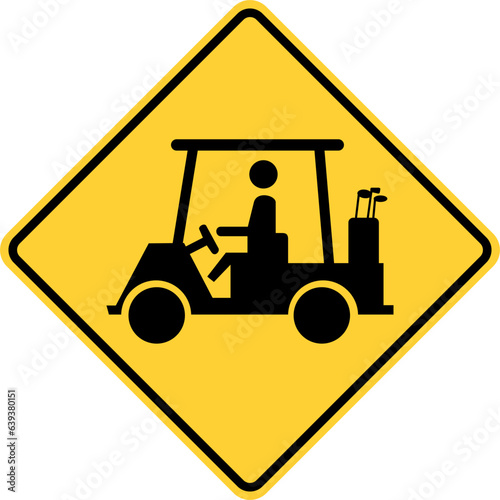 Vector graphic of a usa golf buggy crossing Ahead  highway sign. It consists of the silhouette of a golf buggy within a black and yellow square tilted to 45 degrees