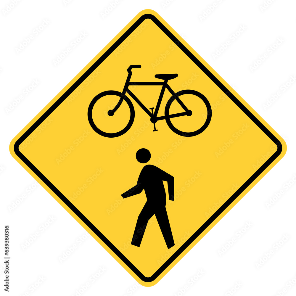 Transparent PNG of Vector graphic of a usa bicycle and pedestrian Ahead highway sign. It consists of the silhouette of a bicycle and a pedestrian within a black and yellow square tilted to 45 degrees Transparent PNG of Vector graphic of a usa bicycle and pedestrian Ahead highway sign. It consists of the silhouette of a bicycle and a pedestrian within a black and yellow square tilted to 45 degrees