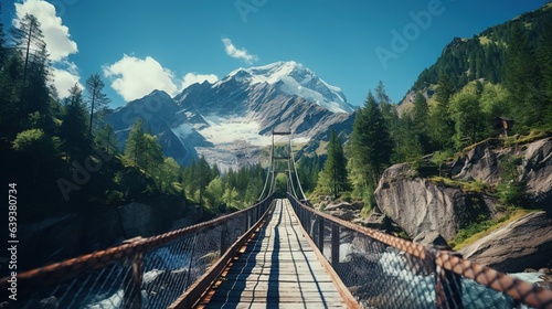  a train traveling across a bridge over a river next to a mountain. generative ai © Anna