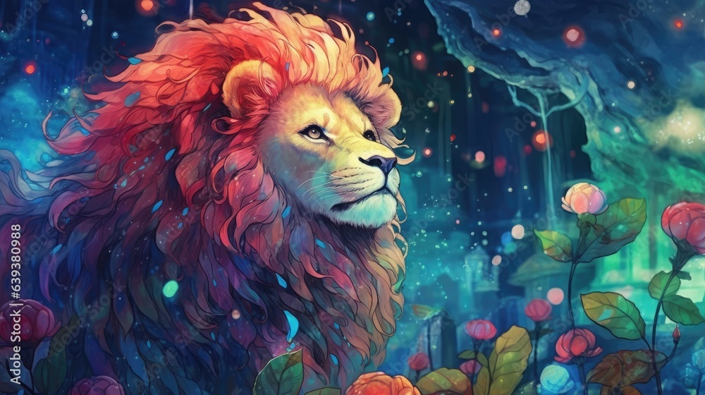Whimsical and creative painting of a lion in the wilderness Whimsical and creative painting of a lion in the wilderness