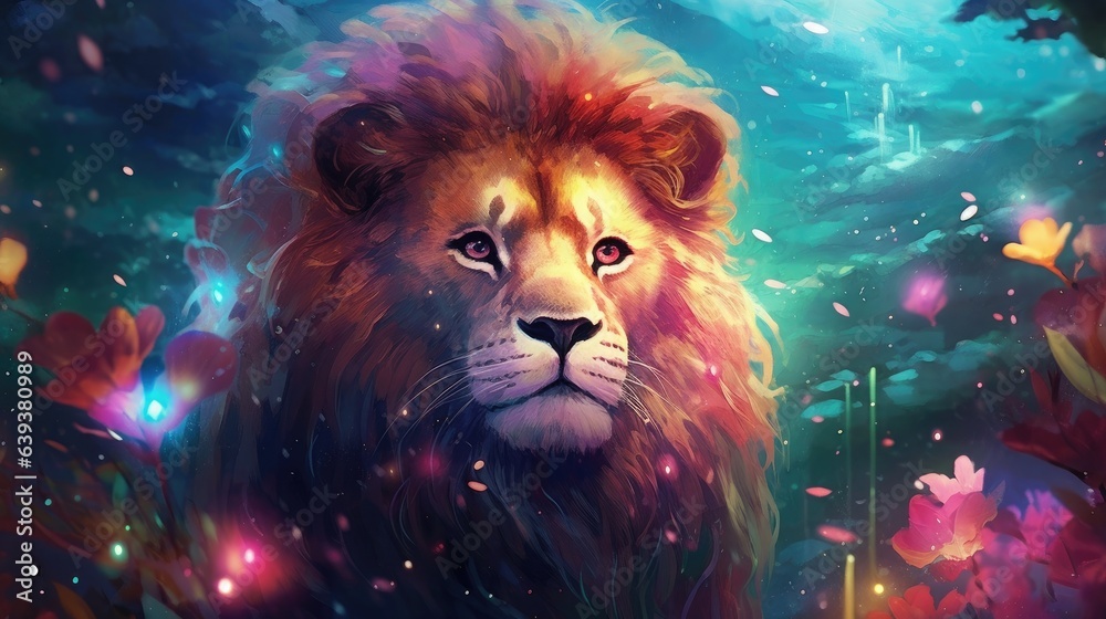 Whimsical and creative painting of a lion in the wilderness