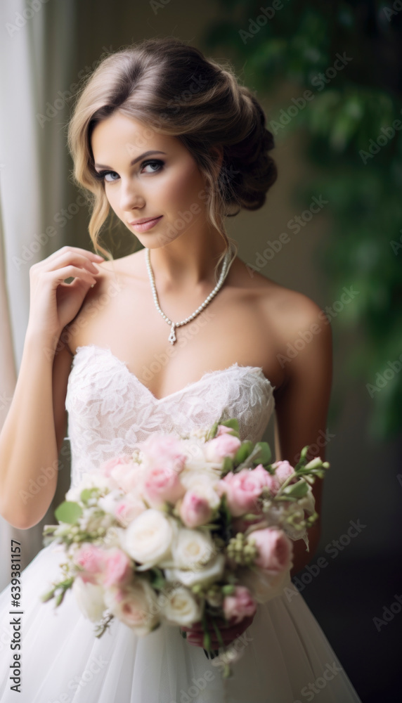 Fototapeta premium Beautiful bride ready to get married in her stunning wedding dress. Generative AI illustrations