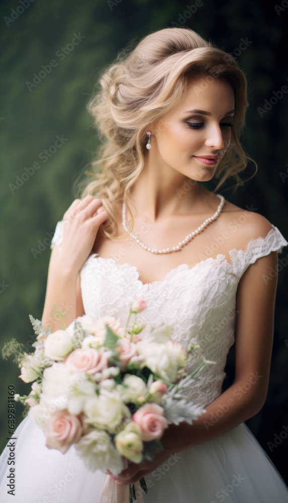 Naklejka premium Beautiful bride ready to get married in her stunning wedding dress. Generative AI illustrations