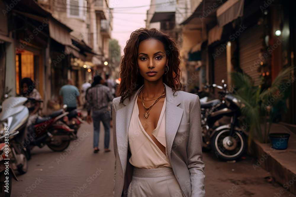 Fototapeta premium Stunning Black Woman Posing in the Middle of the Street