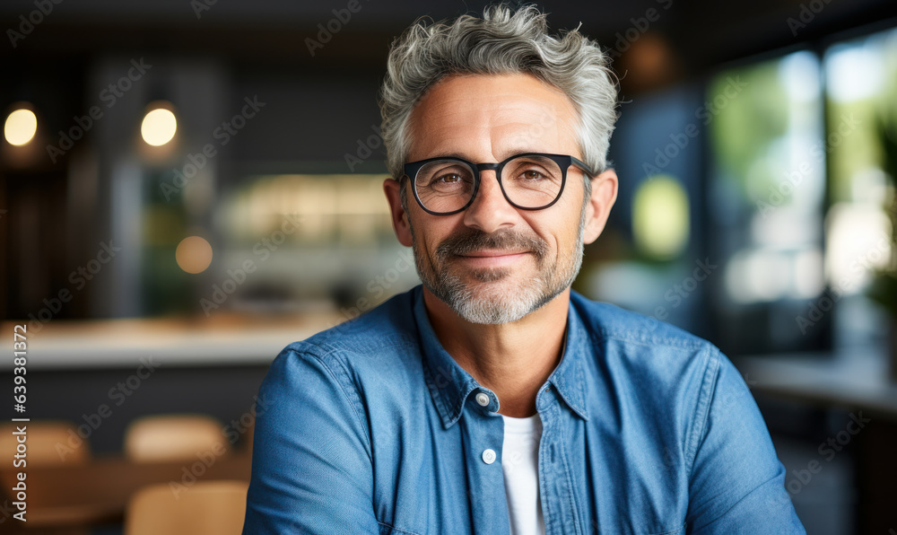 Stylish Middle-Aged Guy in Casual Blue Shirt and Glasses
