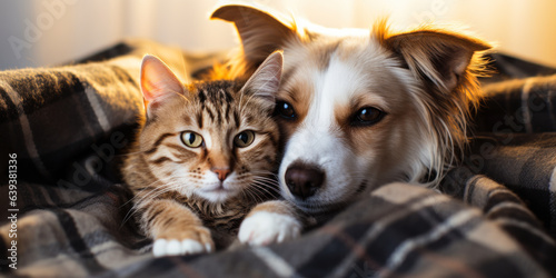 Adorable Dog and Cat Sitting Together, Image of Domestic Animals