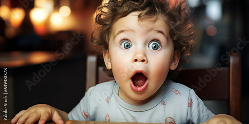 Surprised Kid Sitting at Table, Eyes Widened and Mouth Opened in Amazement photo