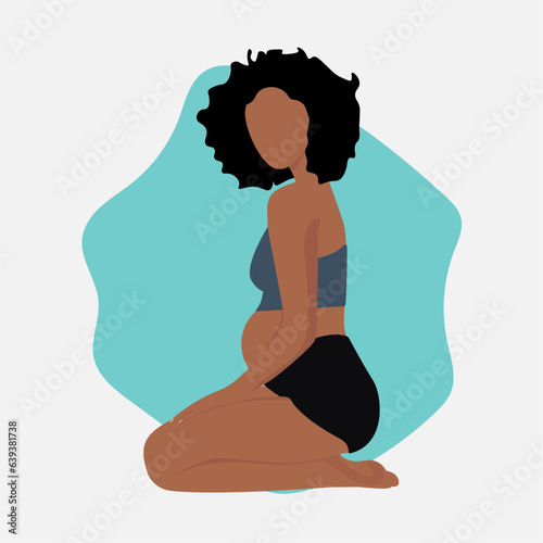 
Black pregnant girl doing yoga in flat style
